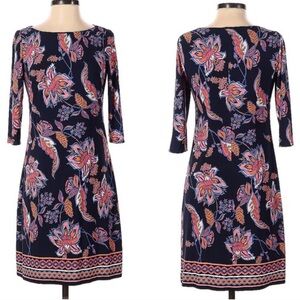 Vince Camuto Navy with Blue, Orange & Pink 3/4 Sleeve Jersey Sheath Dress 10 EUC